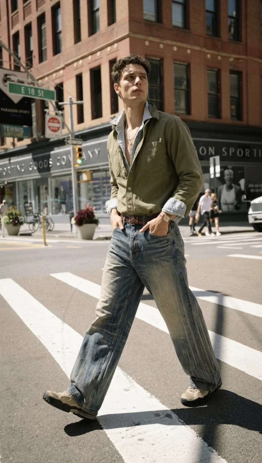 Wide-leg RANCHE jeans on a New York crosswalk