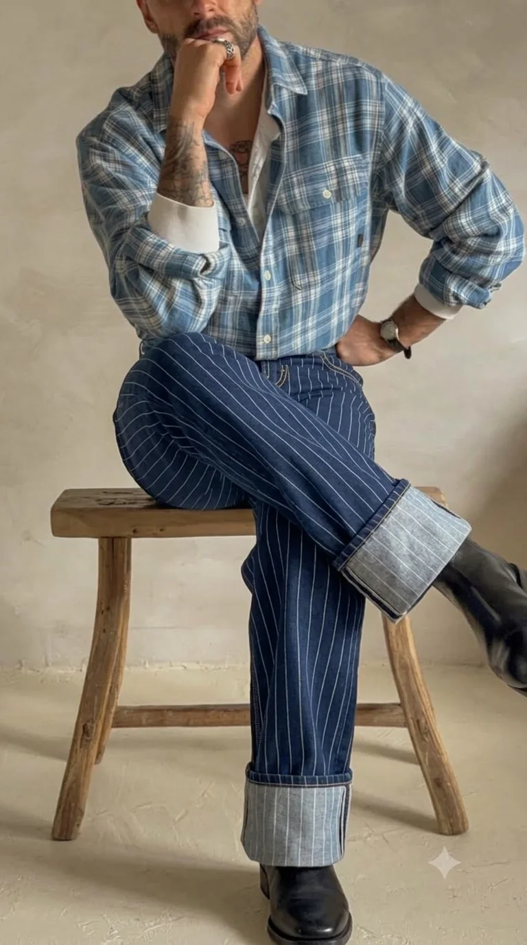 Cuffed pinstripe RANCHE jeans on a wooden stool