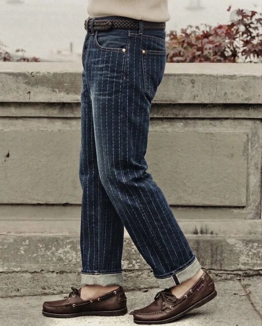 Pinstripe RANCHE jeans with a rolled hem and loafers