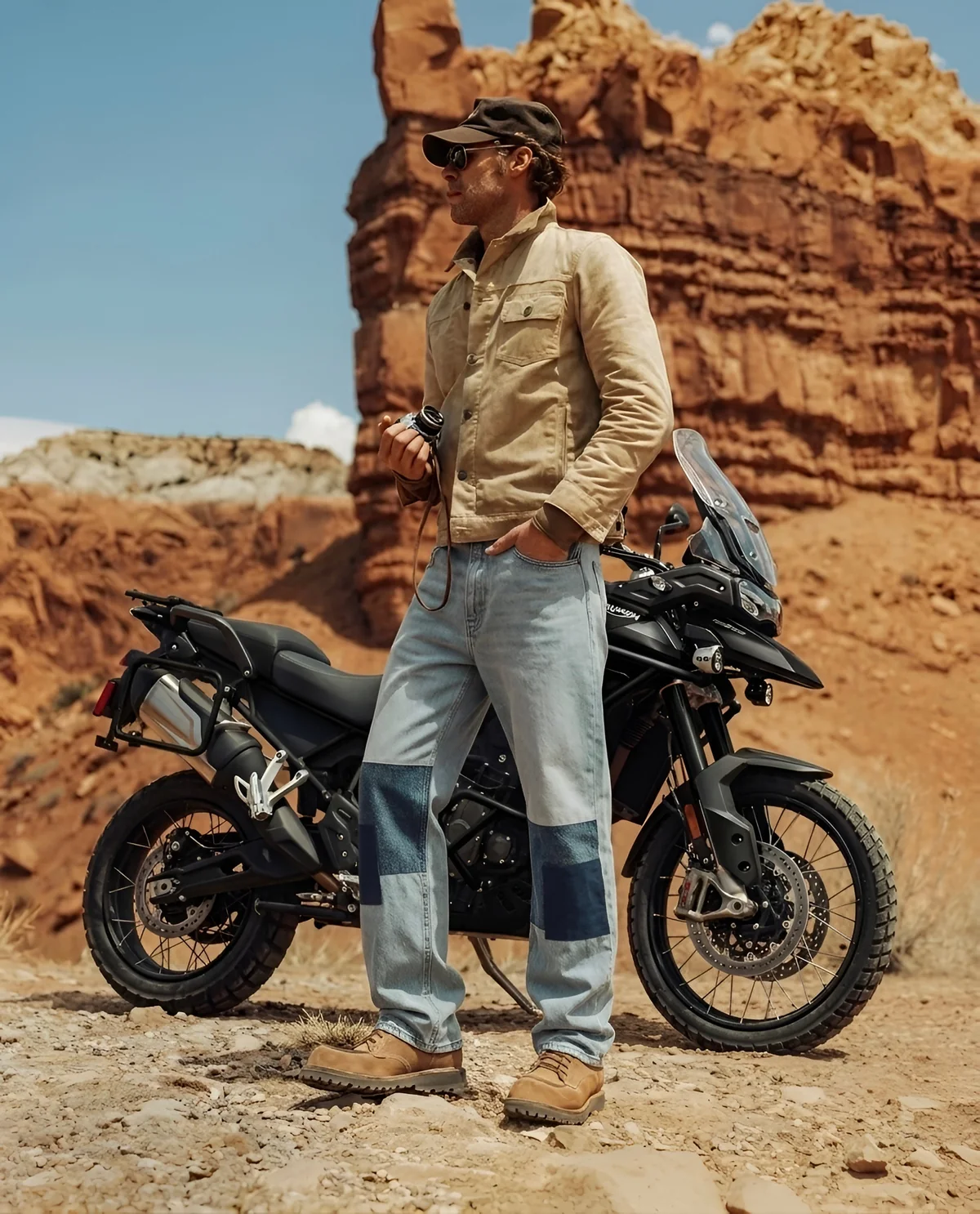Patched RANCHE jeans beside a motorcycle in the desert