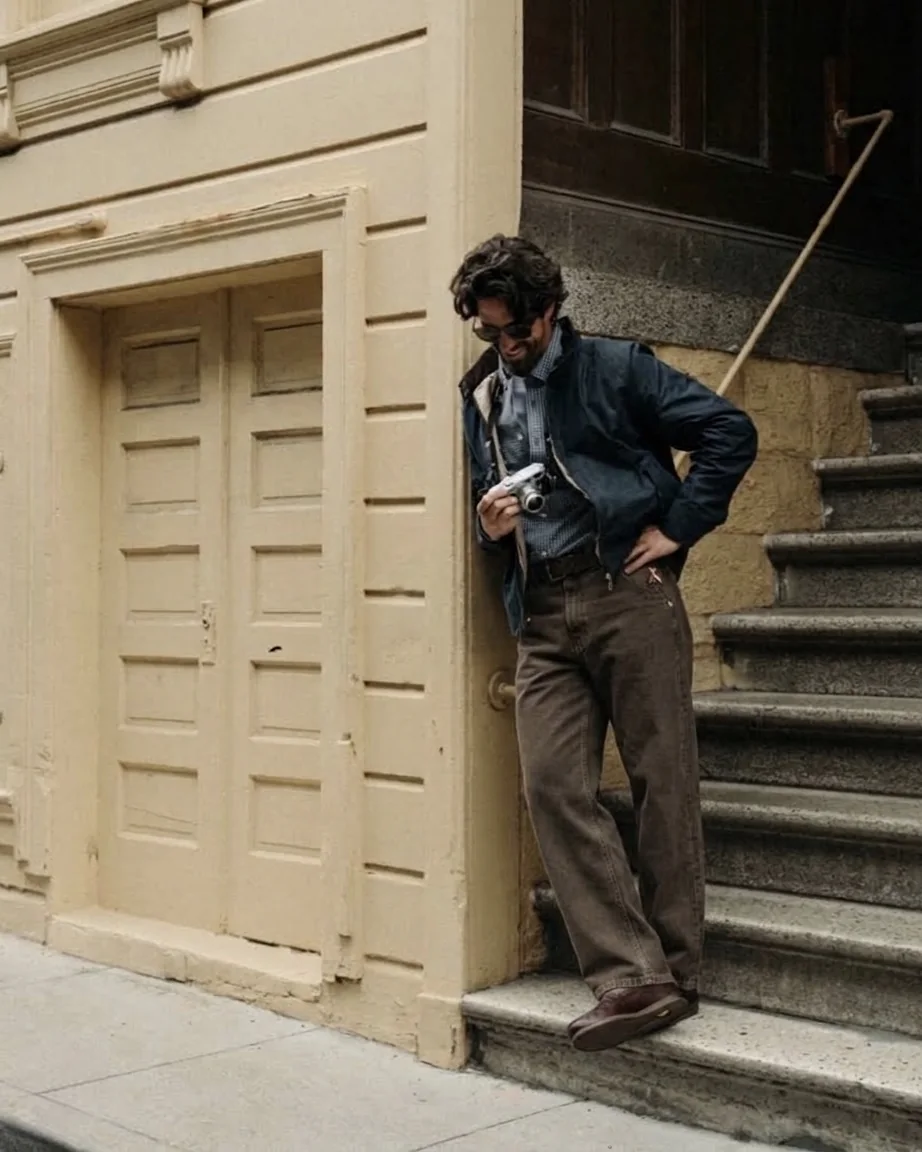 Leaning in a doorway in dark RANCHE denim
